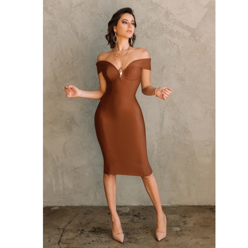 ALIEVA Bandage Midi Dress‎ Women XS Brown New Off Shoulder Sweetheart Bodycon